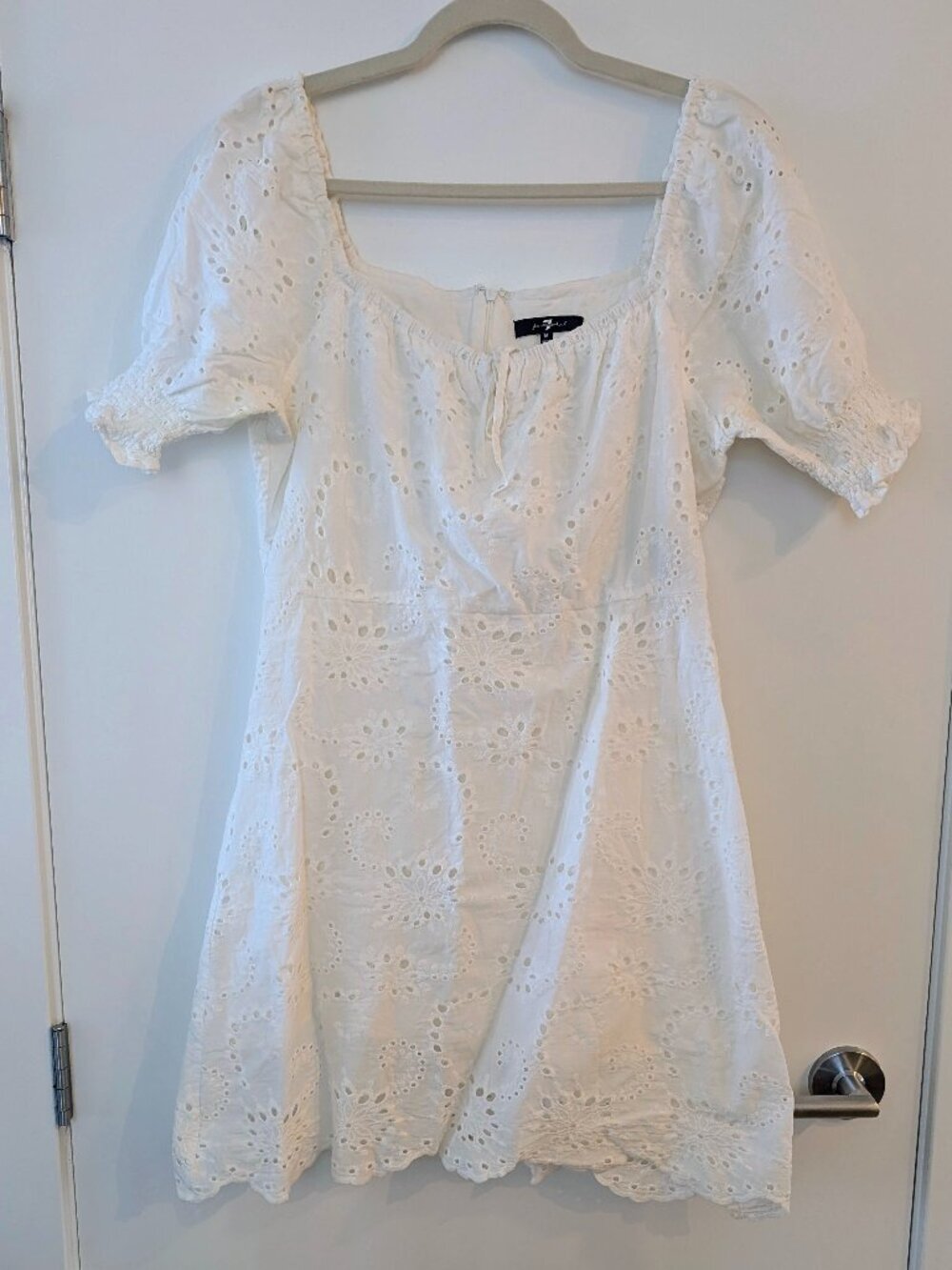 7 For All Mankind White Cotton Eyelet Puff Sleeve Mini Dress